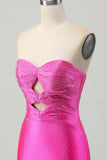 Sparkly Fuchsia Tight Sweetheart Keyhole Short Beaded Prom Dress