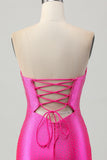 Sparkly Fuchsia Tight Sweetheart Keyhole Short Beaded Prom Dress