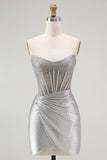 Sparkly Grey Silver Corset Bodycon Short Cocktail Dress with Beading