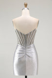 Sparkly Grey Silver Corset Bodycon Short Cocktail Dress with Beading
