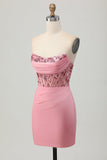Sparkly Tight Blush Strapless Short Corset Prom Dress with Sequins