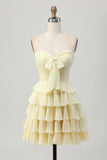 Light Yellow Sweetheart Ruffled A Line Short Prom Dress with Bow
