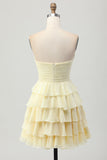 Light Yellow Sweetheart Ruffled A Line Short Prom Dress with Bow
