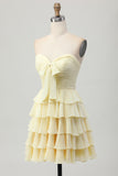 Light Yellow Sweetheart Ruffled A Line Short Prom Dress with Bow