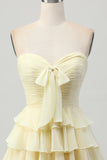 Light Yellow Sweetheart Ruffled A Line Short Prom Dress with Bow