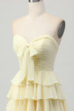 Light Yellow Sweetheart Ruffled A Line Short Prom Dress with Bow