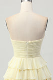 Light Yellow Sweetheart Ruffled A Line Short Prom Dress with Bow