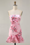Pink Flower Tight Strapless Short Cocktail Dress with Bow