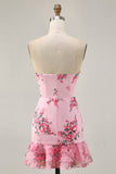 White Blue Flower Strapless Tight Short Cocktail Dress with Bow