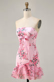 White Blue Flower Strapless Tight Short Cocktail Dress with Bow
