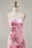 White Blue Flower Strapless Tight Short Cocktail Dress with Bow