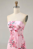 White Blue Flower Strapless Tight Short Cocktail Dress with Bow