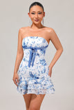 Pink Flower Tight Strapless Short Cocktail Dress with Bow