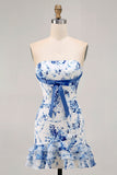 White Blue Flower Strapless Tight Short Cocktail Dress with Bow