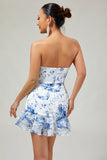 White Blue Flower Strapless Tight Short Cocktail Dress with Bow