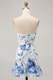White Blue Flower Strapless Tight Short Cocktail Dress with Bow