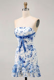 White Blue Flower Strapless Tight Short Cocktail Dress with Bow