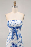 White Blue Flower Strapless Tight Short Cocktail Dress with Bow