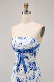 White Blue Flower Strapless Tight Short Cocktail Dress with Bow