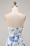 White Blue Flower Strapless Tight Short Cocktail Dress with Bow