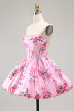 Pink Sweetheart Corset Short Floral Cocktail Dress