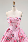 White Blue Floral Corset Sweetheart Short Cocktail Dress