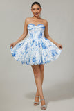 White Blue Floral Corset Sweetheart Short Cocktail Dress