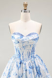 White Blue Floral Corset Sweetheart Short Cocktail Dress