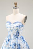 White Blue Floral Corset Sweetheart Short Cocktail Dress