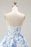 White Blue Floral Corset Sweetheart Short Cocktail Dress