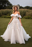 White Lace Corset Boho Sweep Train Western Wedding Dress with Ruffles