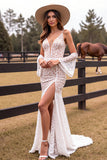White Lace Boho Sweep Train Mermaid Western Wedding Dress with Slit