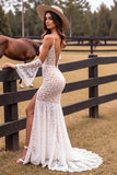 White Lace Boho Sweep Train Mermaid Western Wedding Dress with Slit