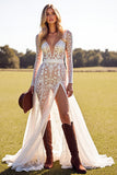 Lace White Long Sleeves Boho Maxi Western Wedding Dress with Slit