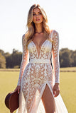 Lace White Long Sleeves Boho Maxi Western Wedding Dress with Slit