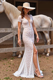 Mermaid White Short Sleeves Boho Lace Maxi Western Wedding Dress with Slit