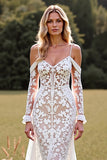 Mermaid Lace White Boho Sweep Train Wedding Dress with Sleeves