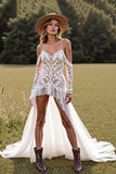 Lace White High-Low Boho Western Wedding Dress with Sleeves
