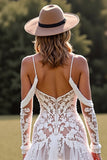 Lace White High-Low Boho Western Wedding Dress with Sleeves