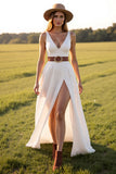 White V-Neck Sweep Train A Line Boho Western Wedding Dress with Slit