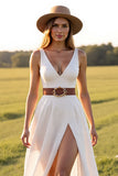 White V-Neck Sweep Train A Line Boho Western Wedding Dress with Slit