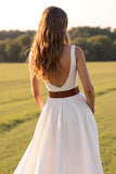 White V-Neck Sweep Train A Line Boho Western Wedding Dress with Slit