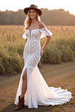 White Boho Lace Mermaid Maxi Western Wedding Dress with Slit