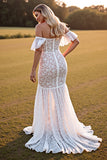 White Boho Lace Mermaid Maxi Western Wedding Dress with Slit