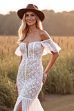 White Boho Lace Mermaid Maxi Western Wedding Dress with Slit