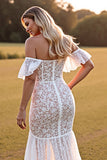 White Boho Lace Mermaid Maxi Western Wedding Dress with Slit