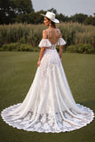 White Corset Lace Spaghetti Straps Boho Wedding Dress with Sleeves