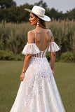 White Corset Lace Spaghetti Straps Boho Wedding Dress with Sleeves