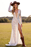 White Lace Boho Sheath V Neck Western Wedding Dress with Slit