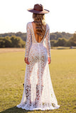 White Lace Boho Sheath V Neck Western Wedding Dress with Slit